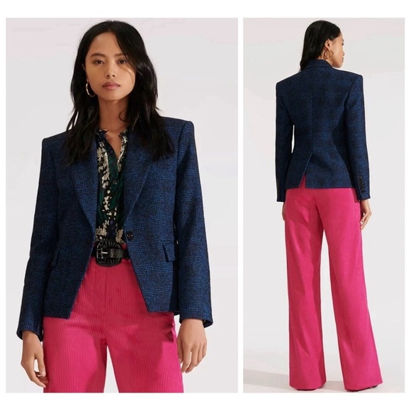 Veronica Beard Wool Blend Tweed Cutaway Dickey Jacket in Blue Black Plaid Size 2 - Picture 1 of 16